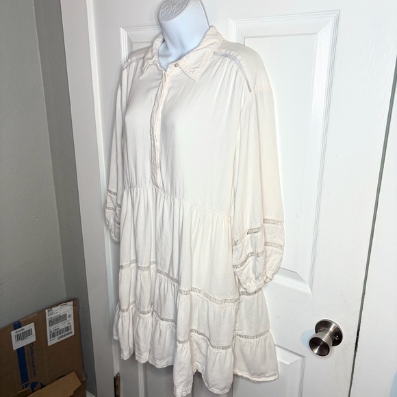 Anthropologie Maeve Bettina Collared Linen Tiered Mini Shirt Dress Ivory White M - Picture 9 of 13